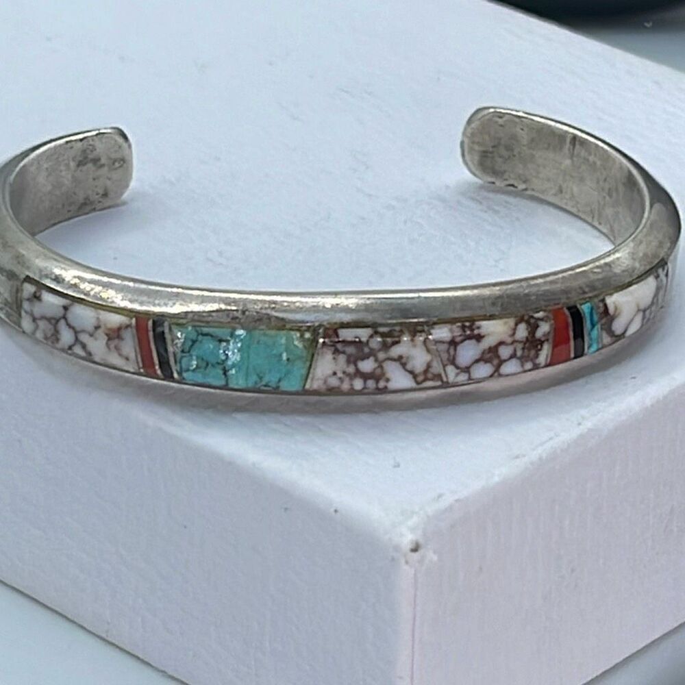 Silver Turquoise Inlay Cuff Bracelet - Turquoise & White